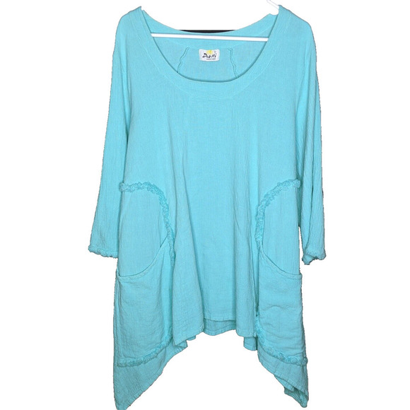 Dunes Relaxed Fashion Turquoise Flowy Fringe Pocket Tunic Top See Measurements - Picture 7 of 7